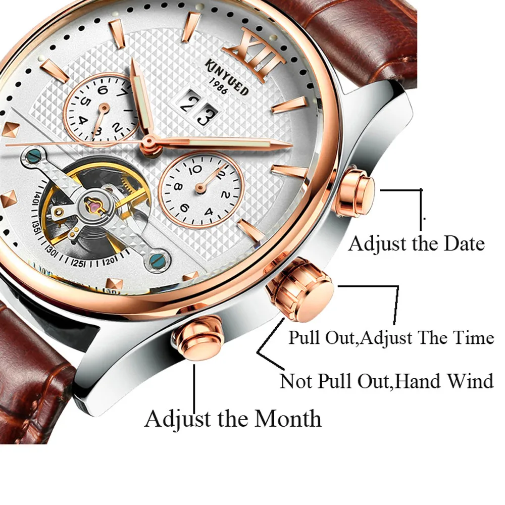 Механические часы KINYUED Skeleton Tourbillon, автоматические мужские классические механические наручные часы из розового золота и кожи, Reloj Hombre