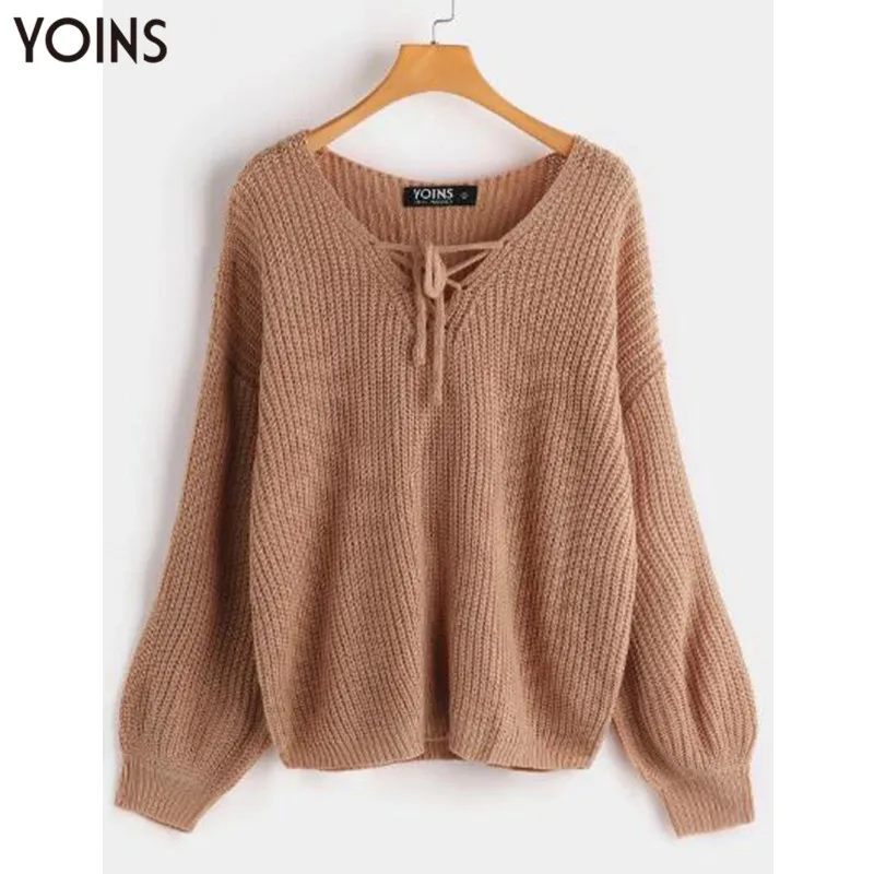 2020 YOINS Autumn Winter Women Sweaters Fashion Lace Up Khaki Self-tie Long Sleeves Sweater Casual Loose Jumper Pullovers Tops | Женская
