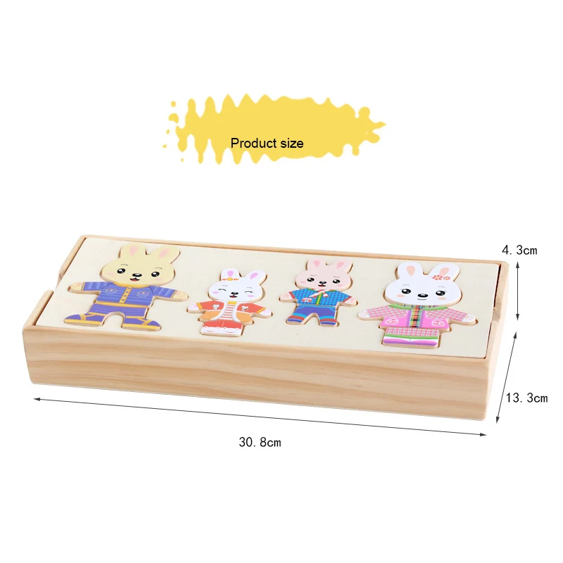 Деревянная игрушка кролик меняющая одежду Пазлы Монтессори обучающее платье