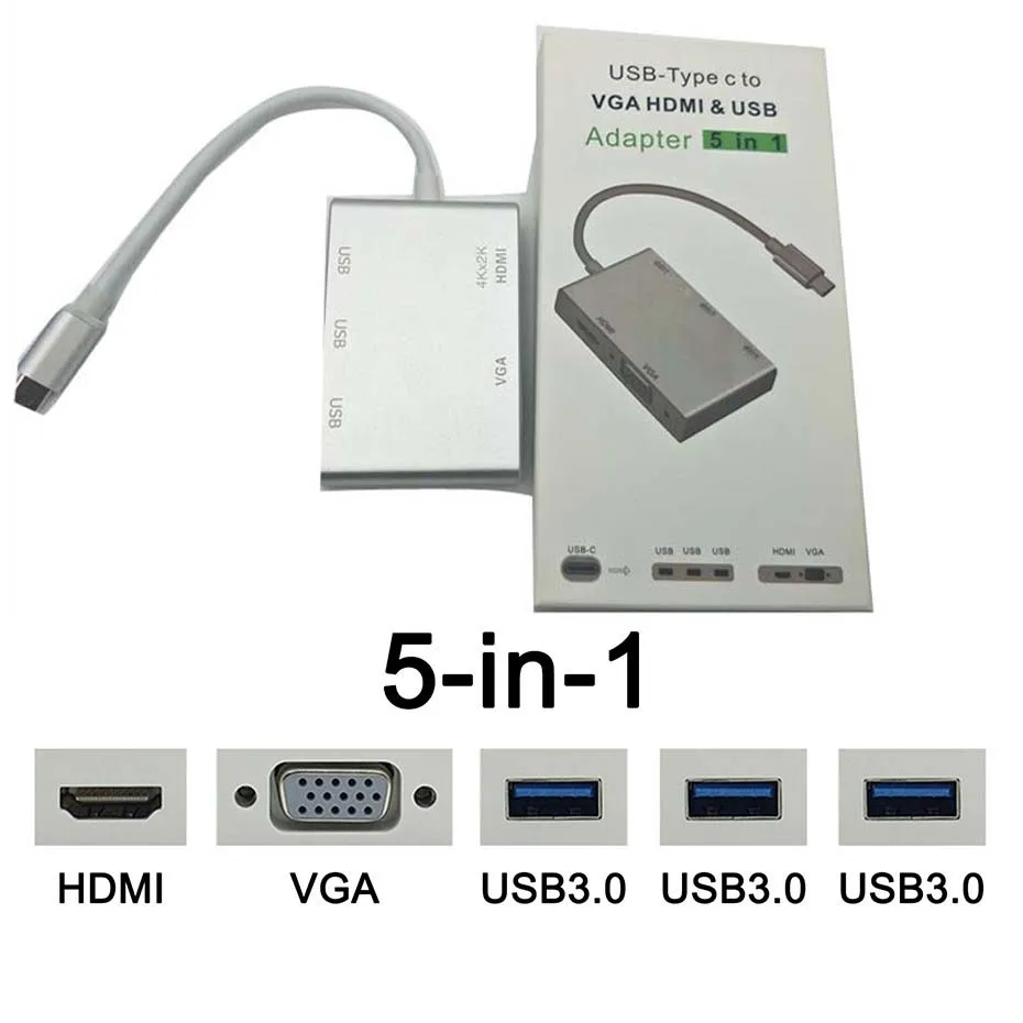 USB C Type к HDMI VGA USB3.0 концентратор адаптер 5в1 3 1 USB-C кабель конвертера для ноутбука Apple