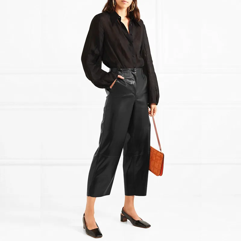 black normal length Модные брендовые длинные бархатные теплые брюки из искусственной кожи для мытья воды, женские брюки в стиле панк, облегающие кожаные широкие брюки wq531 - Цвет: black normal length