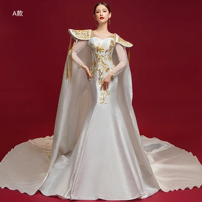 luxury white queen golden embroidery mermaid dress long cape beading Renaissance gown royal cosplay can customs sizel | Тематическая