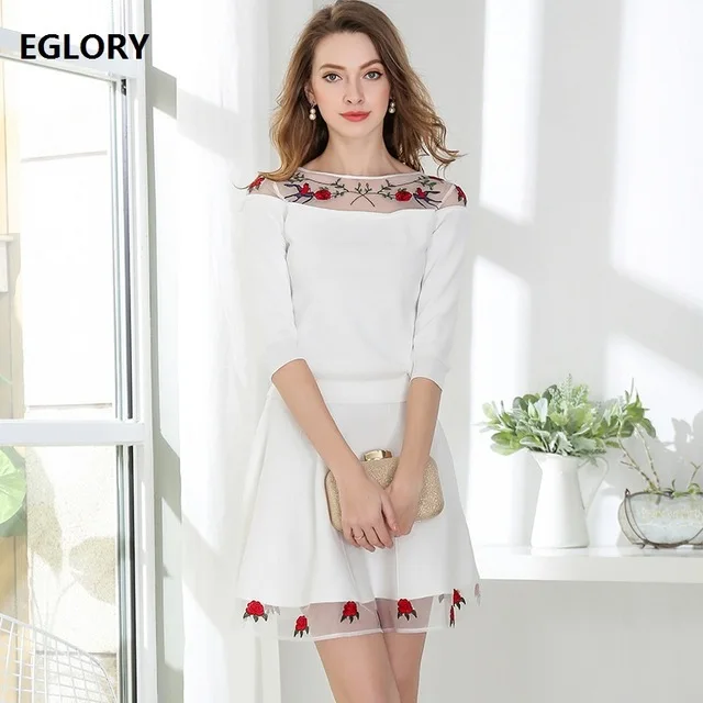 2018 Runway Fashion Womens 2 Piece Set Knitted Sweater Suit Ladies Sexy Sheer Mesh Embroidery Tops Sweater+Mini Skirt Girl |