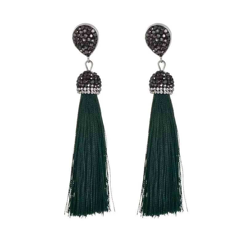 crystal dark green Ручная работа, 13 цветов, длинные серьги с кисточками в богемном стиле, винтажные черные, красные, розовые, белые, синие шелковые серьги-гвоздики с кристаллами для женщин, ювелирные изделия - Окраска металла: crystal dark green
