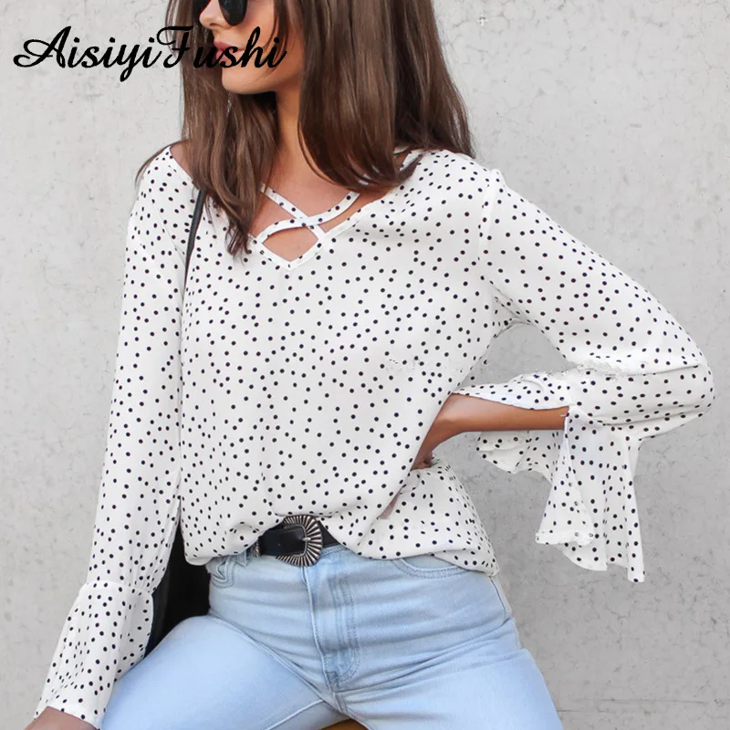 Блузка в горошек рубашка женская шифоновая блузка с глубоким V образным вырезом