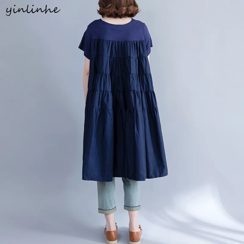 Yinlinhe за размер 5xl женщины свободный черный dress лето модальные лоскутная твердые