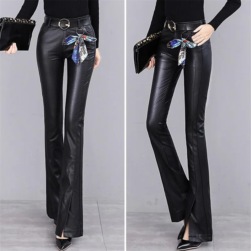 Женские расклешенные брюки из искусственной кожи повседневные облегающие