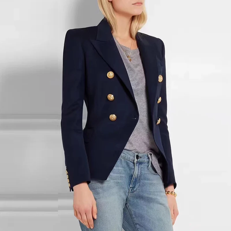 

Dark Blue Women Blazers Autumn Office Royal Blue Blazer Women Coat Casual Double Breasted Metal Buttons Women's blazer Jackets