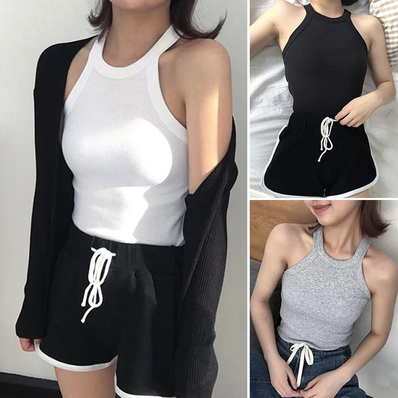 Летняя женская Облегающая майка с лямкой на шее и открытыми плечами топы женские