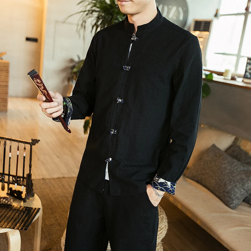 chinese style men solid casual streetwear man cotton linen hanfu top men clothes chinese style linen top