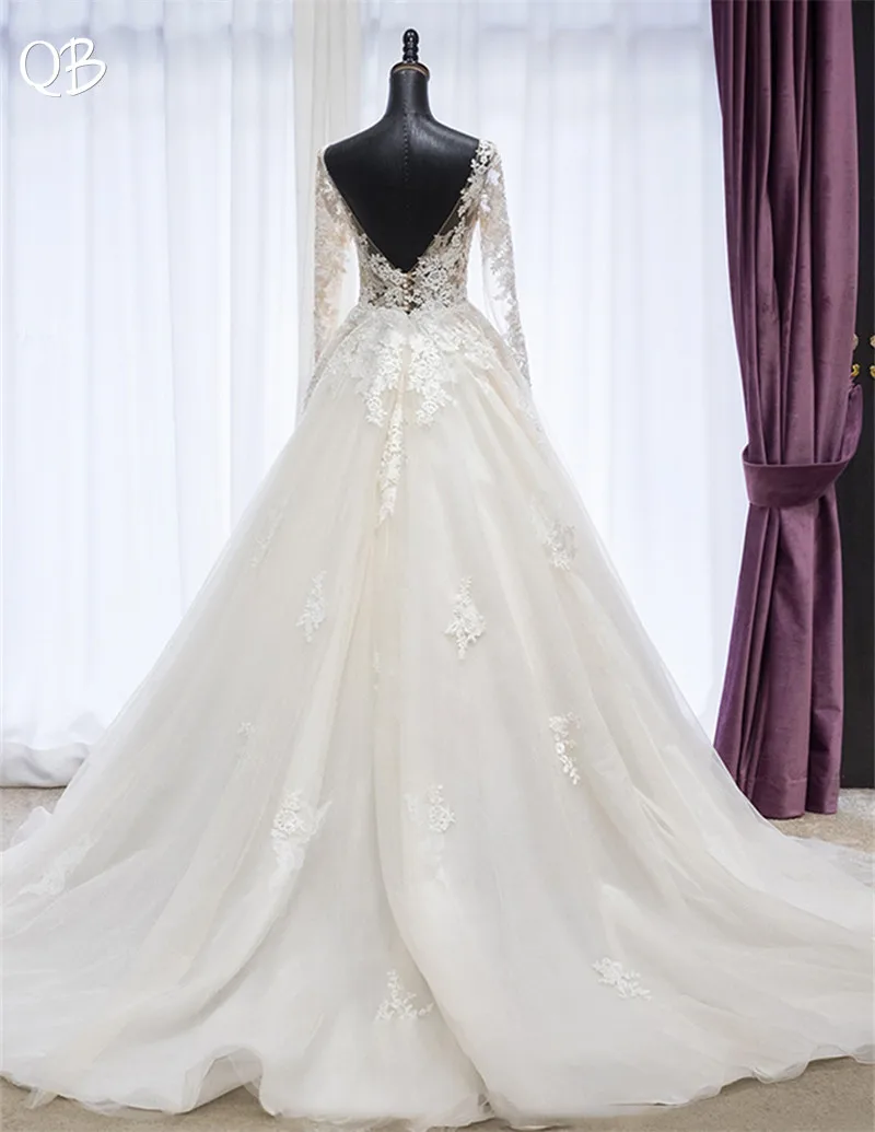 Custom Made A-line Backless Long Sleeve Tulle Lace Appliques Wedding Dresses Formal Simple Bridal Gowns DW10 | Свадьбы и торжества