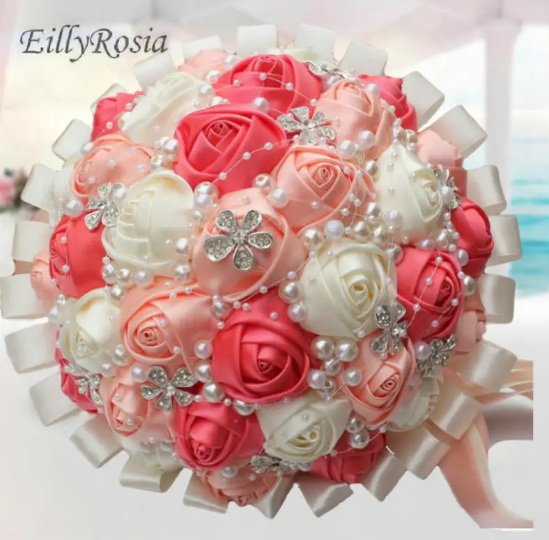 Атласные розы искусственные шелковые бриллианты для невесты подружки розовые