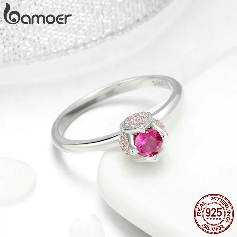 BAMOER 925 пробы Серебряная романтическая роза цветок с вами розовый кубический циркон палец кольца для женщин Свадебные серебряные украшения SCR455