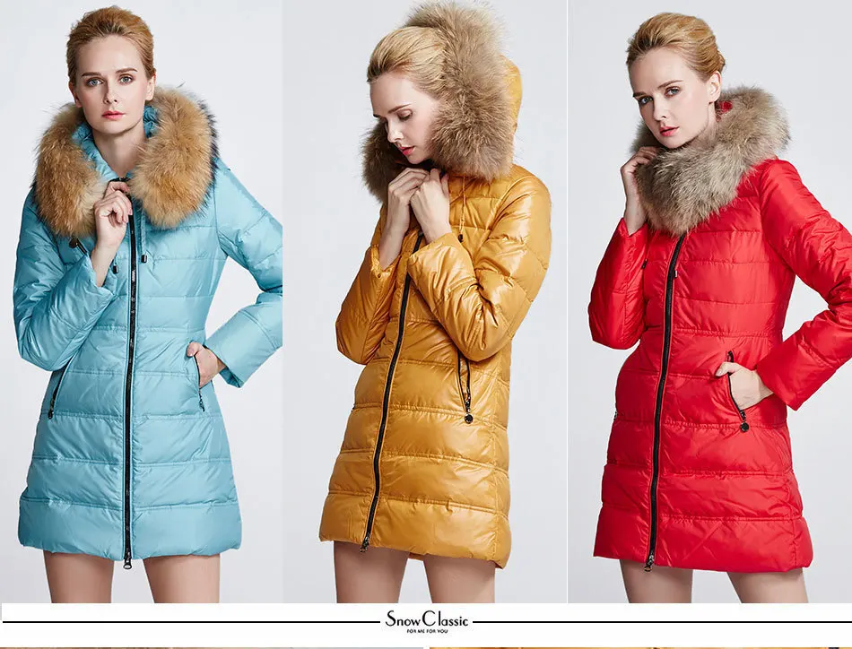 Snow Classic Новая зимняя дамская пуховая куртка с разнообразными цветами действительно теплой шляпой с молнией спереди застежка-молния холодная длинная скидка