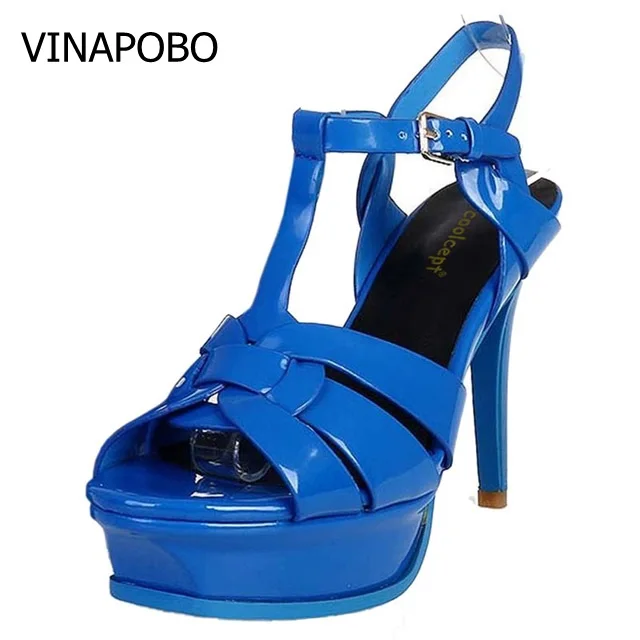 VINAPOBO/качественные босоножки из натуральной кожи на платформе и высоком каблуке с Т-образным ремешком; женская пикантная обувь; Модные женские вечерние свадебные туфли; Размеры 35-40 - Цвет: 14CM