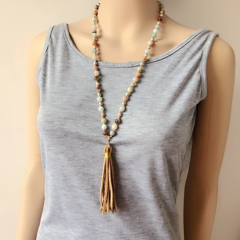 Модное коричневое ожерелье с подвеской из натурального камня и искусственной