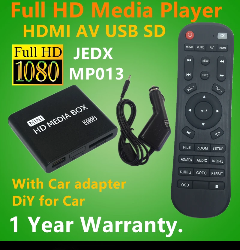 Full HD 1080P Автомобильный медиаплеер HDMI, AV выход, SD/MMC кардридер/USB хост, бесплатный автомобильный адаптер подарок и