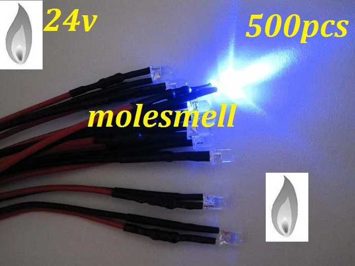 Free shipping 500pcs 3mm Blue Flicker 24V Pre-Wired Water Clear LED Leds Candle Light 20CM