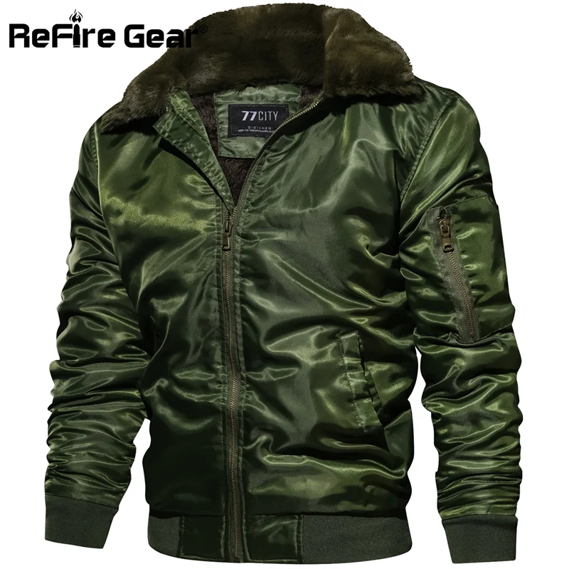 Мужская тактическая куртка пилот Refire Gear бомбер с шерстяным воротником в стиле
