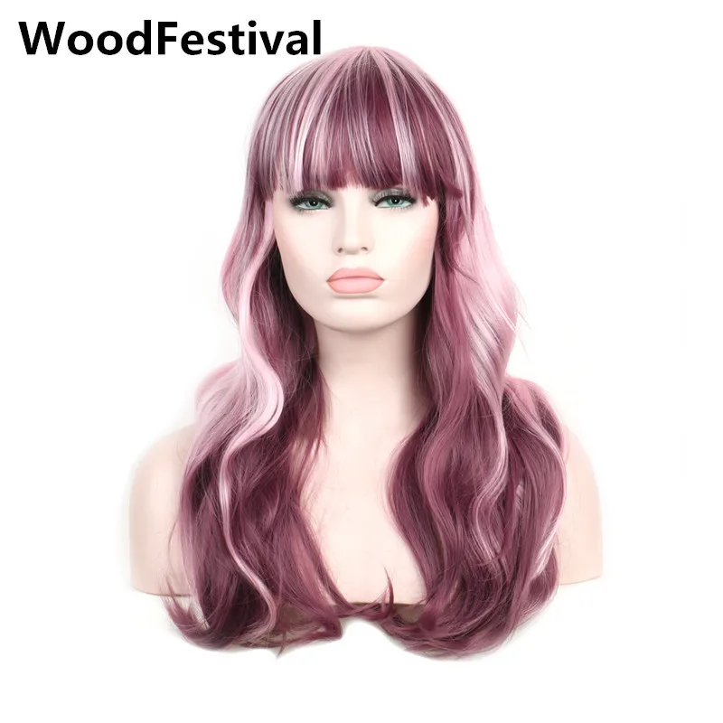WoodFestival разноцветные бордовые розовые черные фиолетовые длинные волнистые парики с челкой синтетические термостойкие косплей парики для женщин