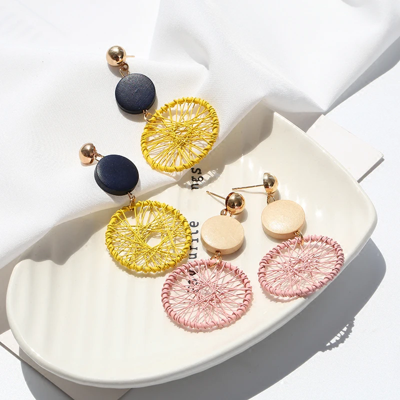 

LNRRABC Earrings Wooden Thread Ear Clip Long Drop Dangle Women Charm Dreamcatcher Boho Round Ear Stud 2018 Fashion Jewelry Gift