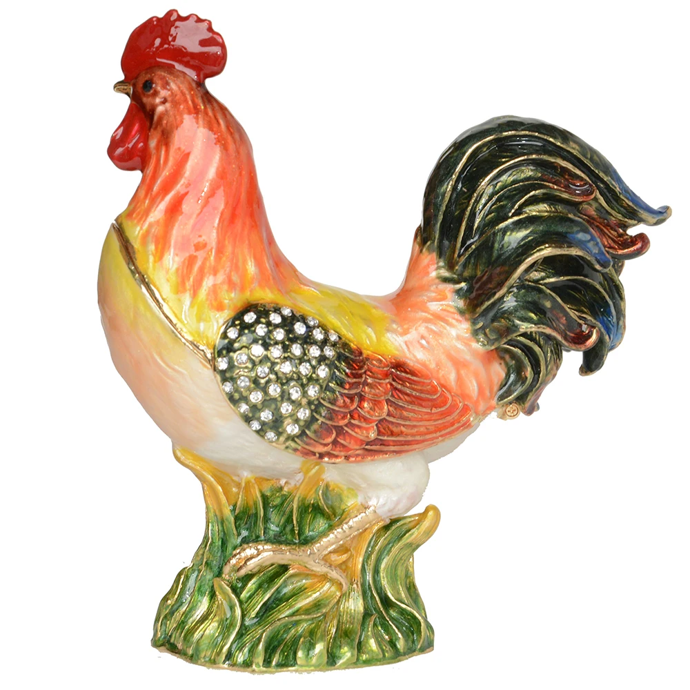 

Jeweled rooster jewelry trinket box ring holder organizer metal tabletop novelty gift vintage decoration