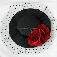 french black cocktail party woman kentucky derby hat accessory burgundy rose flower woman sexy tea party veil ladies hair clip