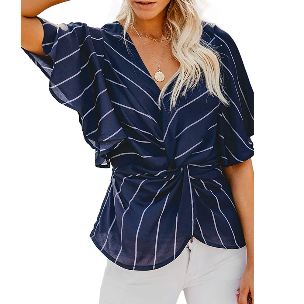 Женская полосатая блузка рубашка короткий рукав Рубашки с v-образным вырезом
