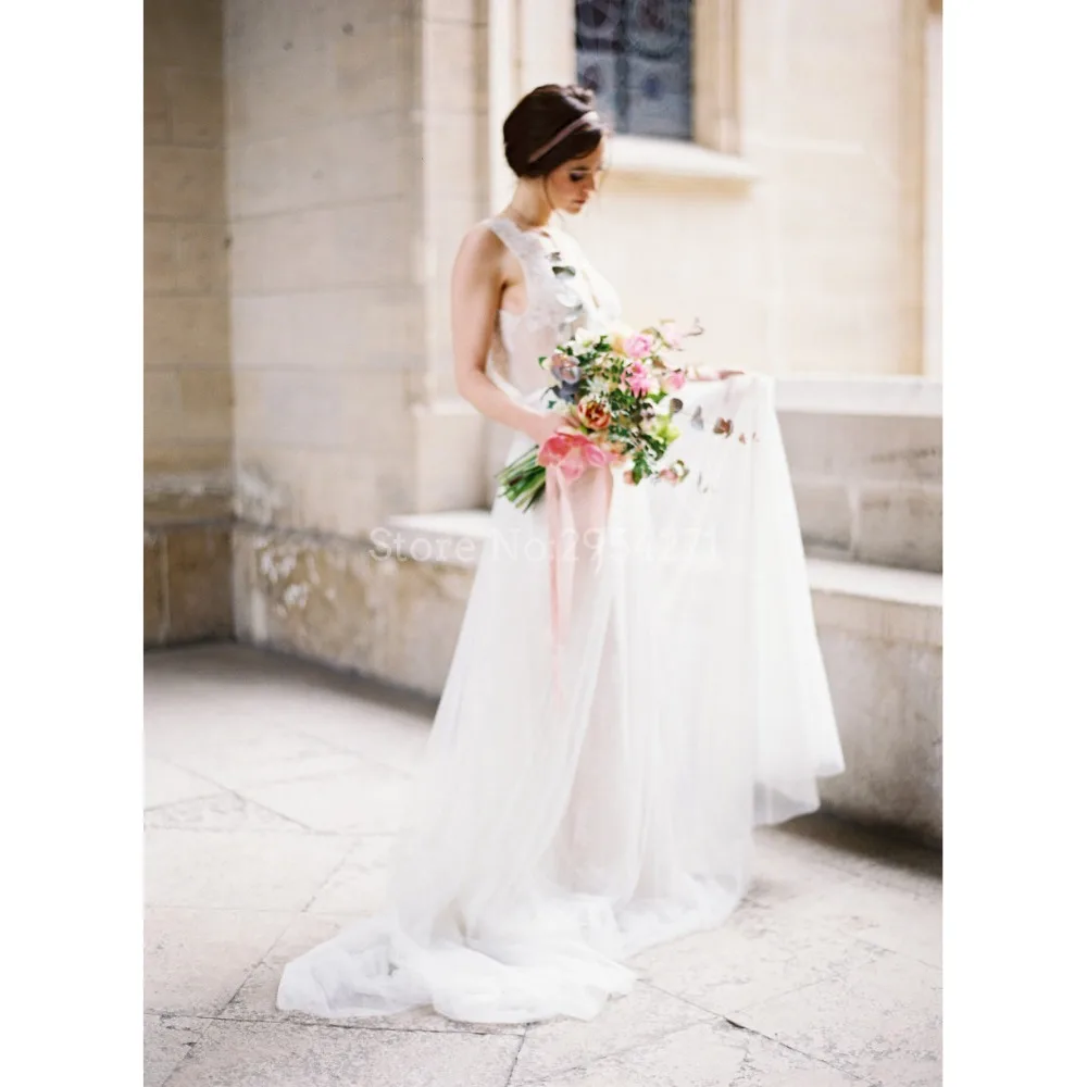 Vestido De Noiva A Line Свадебные платья Тюль Кружева Глубокий v образный вырез открытая
