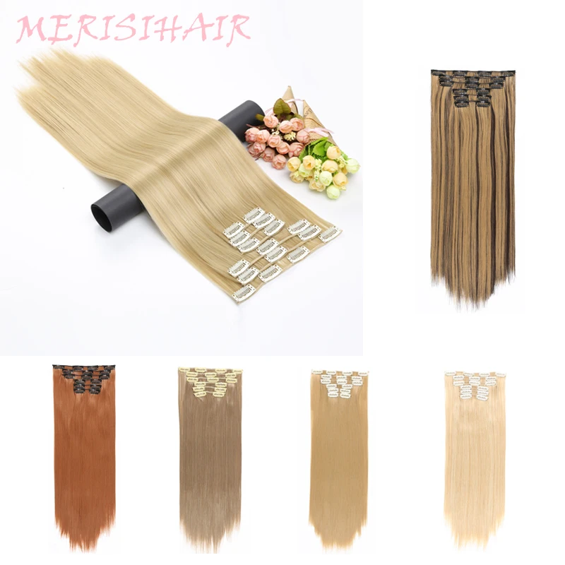 MERISI HAIR 54 см длинные прямые шиньоны 6 шт./партия 16 зажимов 15 цветов термостойкие