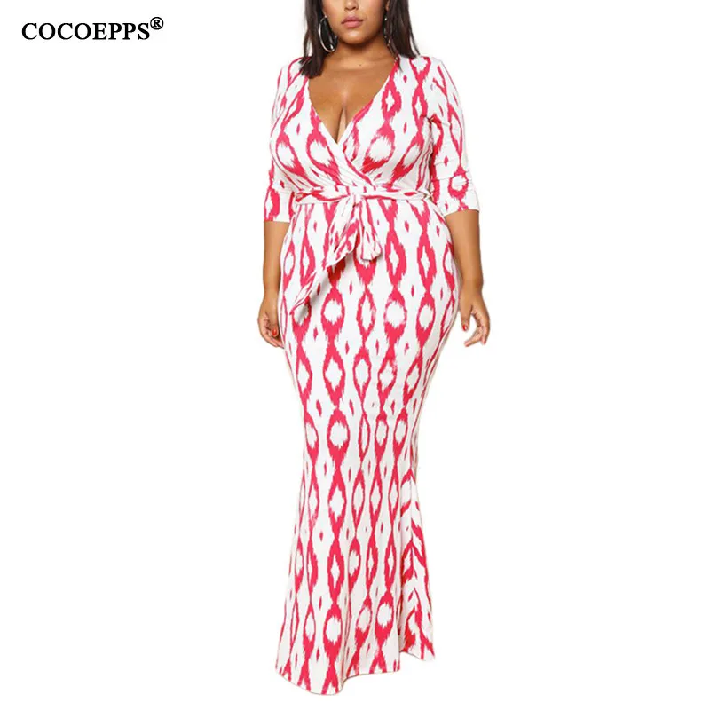 Женское платье большого размера длинное пляжное в горошек с треугольным вырезом