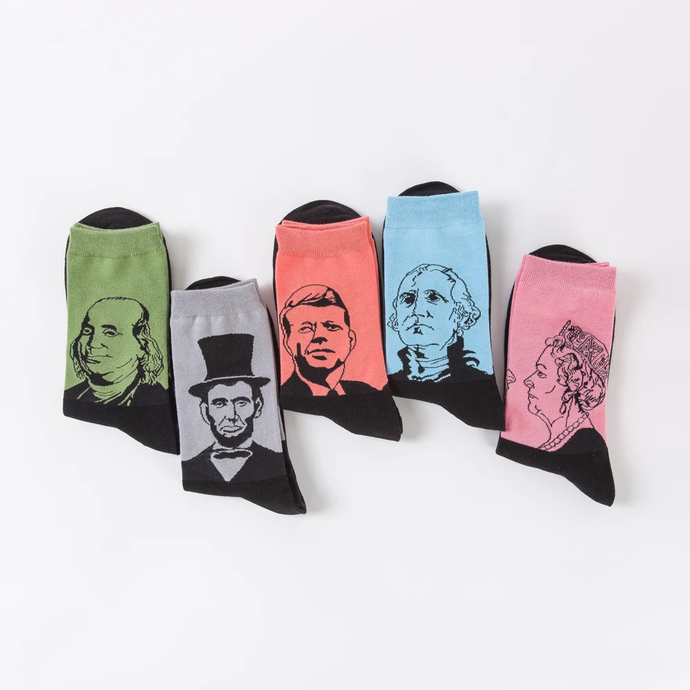 Красочные мужские команды Смешные чесаные хлопковые носки Lincoln, с рисунком Кеннеди, новинка, масляная живопись, свадебные носки, подарки