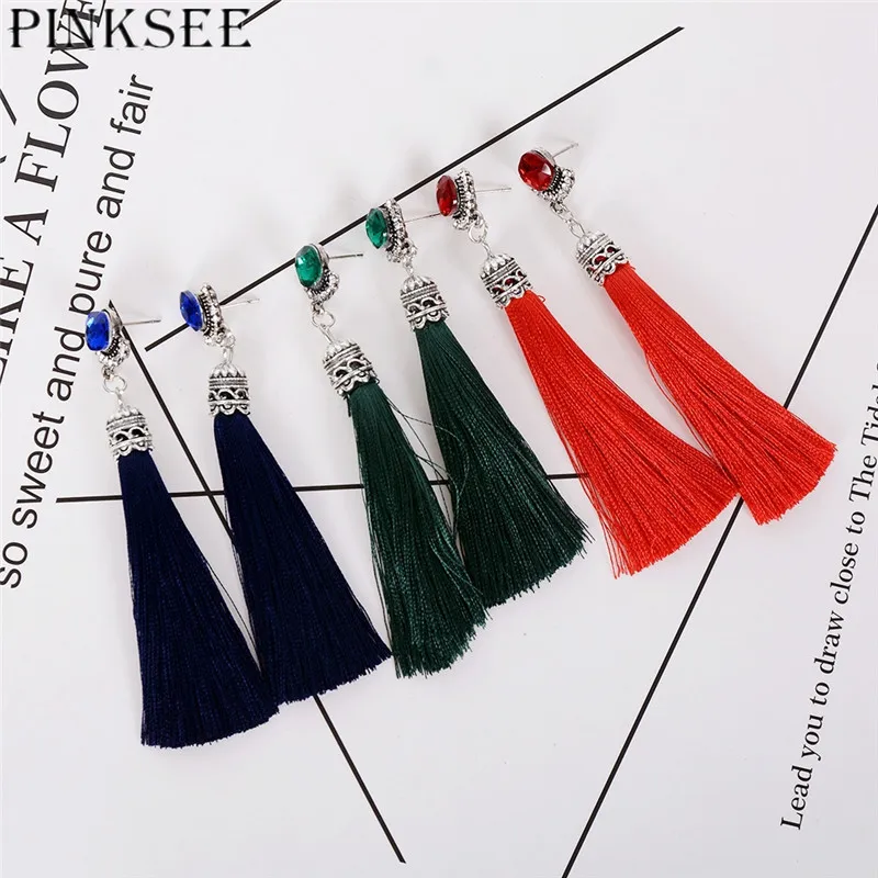 Pinksee 3 цвета Волокно длинной кисточкой Серьги Модные украшения 2017 богемский