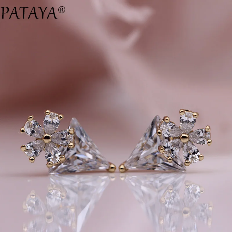 Новые Белые треугольные серьги-гвоздики PATAYA 585, розовое золото, Разноцветные серьги в форме капли воды, натуральный циркон, женские модные ювелирные изделия, простые серьги