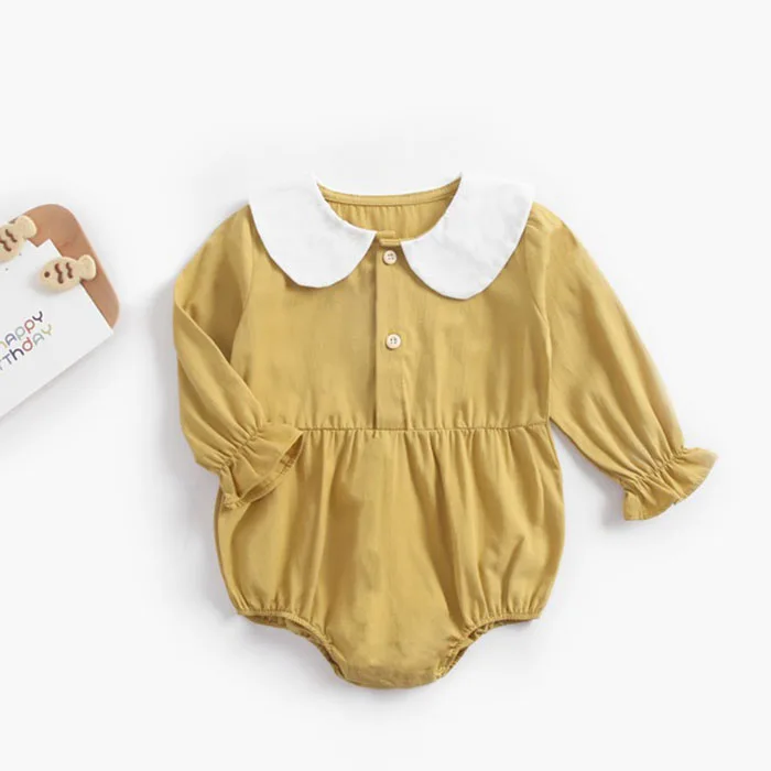 Yellow doll collar Комбинезон для новорожденных девочек, хлопковый клетчатый комбинезон с длинными рукавами, весенне-осенняя одежда для маленьких девочек 0-3 лет - Цвет: Yellow doll collar