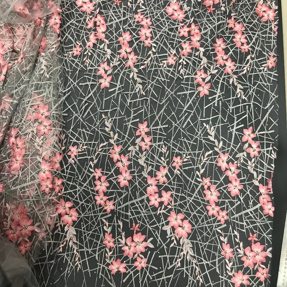 2018 африканская розовая кружевная ткань Бисерное Кружево \ французский Тюль