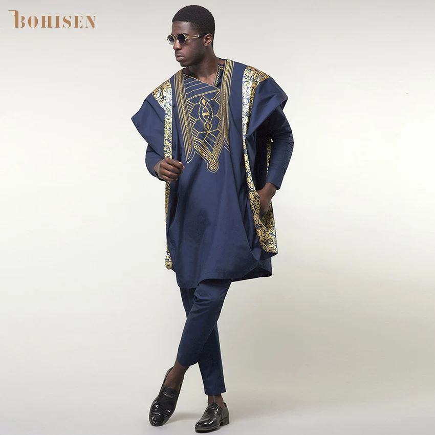BOHISEN новинка 2019 африканская мужская одежда с принтом Bazin Agbada 3 предмета Boubou