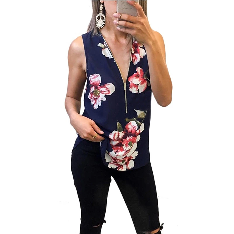 Женский цветочный принт v образным вырезом жилет Мода молния без рукавов