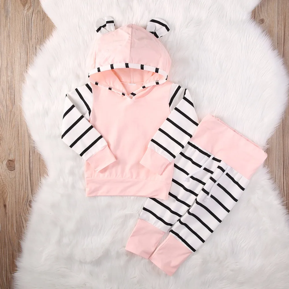 2PCS Newborn Baby Clothing Set Pink Long Sleeve Hoodie Tops + Stripe Pants Infant Bebe kids Boys Girls Clothes outfit