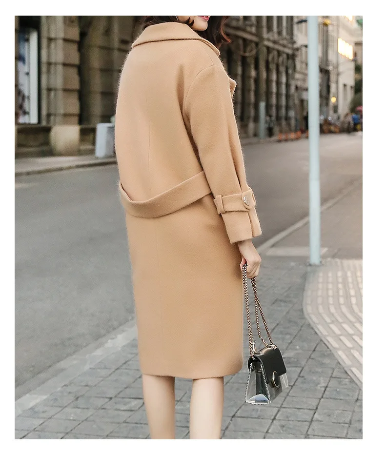 Office Lady Slim Women Long Wool Blend Coat Double Breasted Cashmere Jacket Turn-down Collar Ladies Coats | Женская одежда
