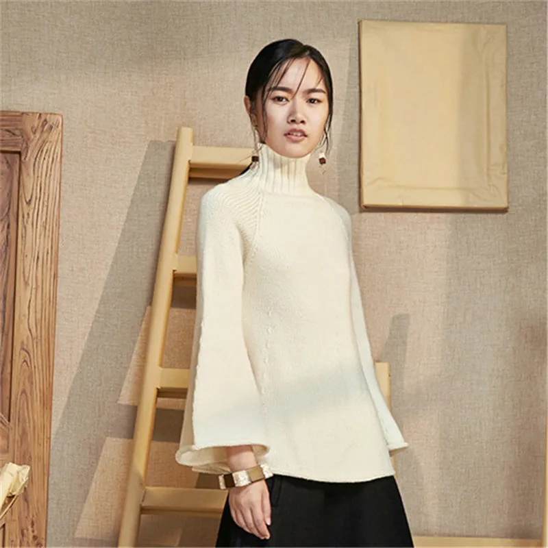 

100%hand made pure wool turtleneck knit women streetwear solid slim flare sleeve pullover sweater one&over size