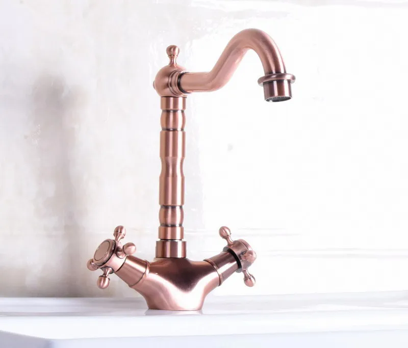 Античный красный медный латунный смеситель с двойными крестовыми ручками для