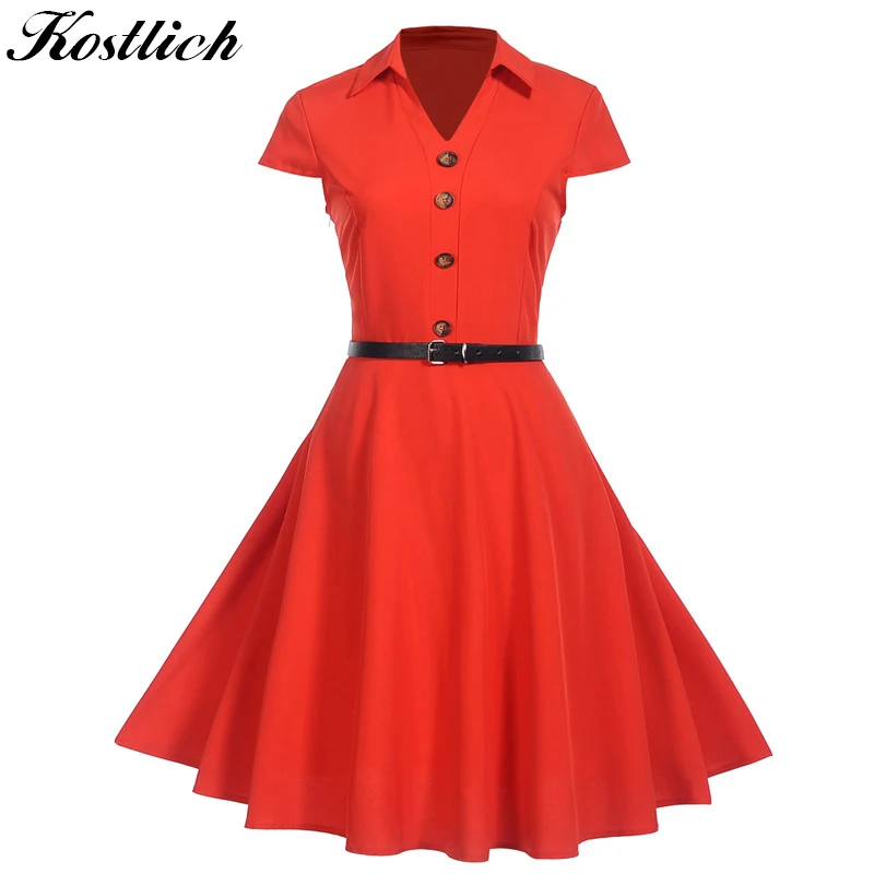 Kostlich однотонные платья с воротником-стойкой винтажное платье коротким рукавом