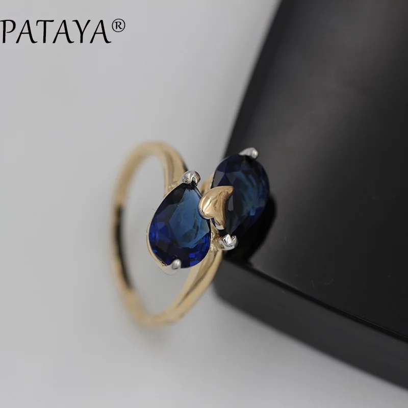 PATAYA, Новое поступление, фирменные кольца, 585, розовое золото, кольцо, темно-синий цвет, двойная Капля воды, натуральное женское кольцо с цирконом, Трендовое свадебное ювелирное изделие