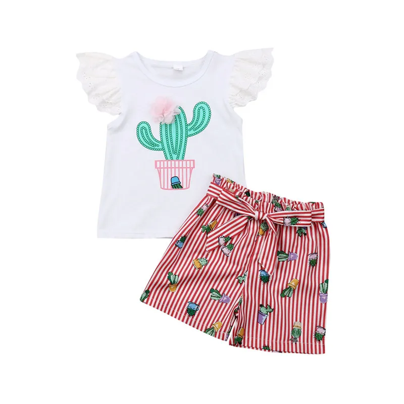 Одежда для маленьких девочек кружевные рукава топы с рисунком кактуса полосатые