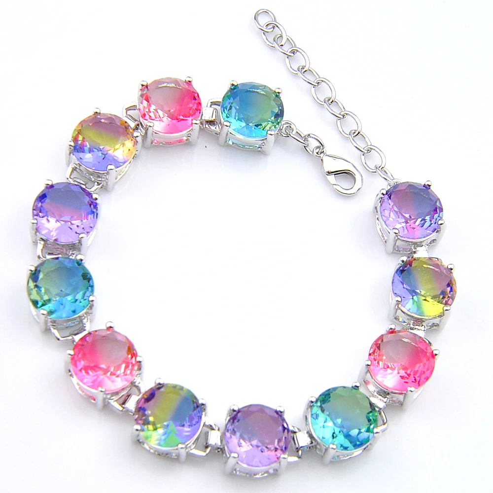 Luckyshine огонь новые круглые BI-COLORED турмалин кристалл Циркон драгоценный камень серебряные цепи браслеты Россия Австралия свадебные браслеты