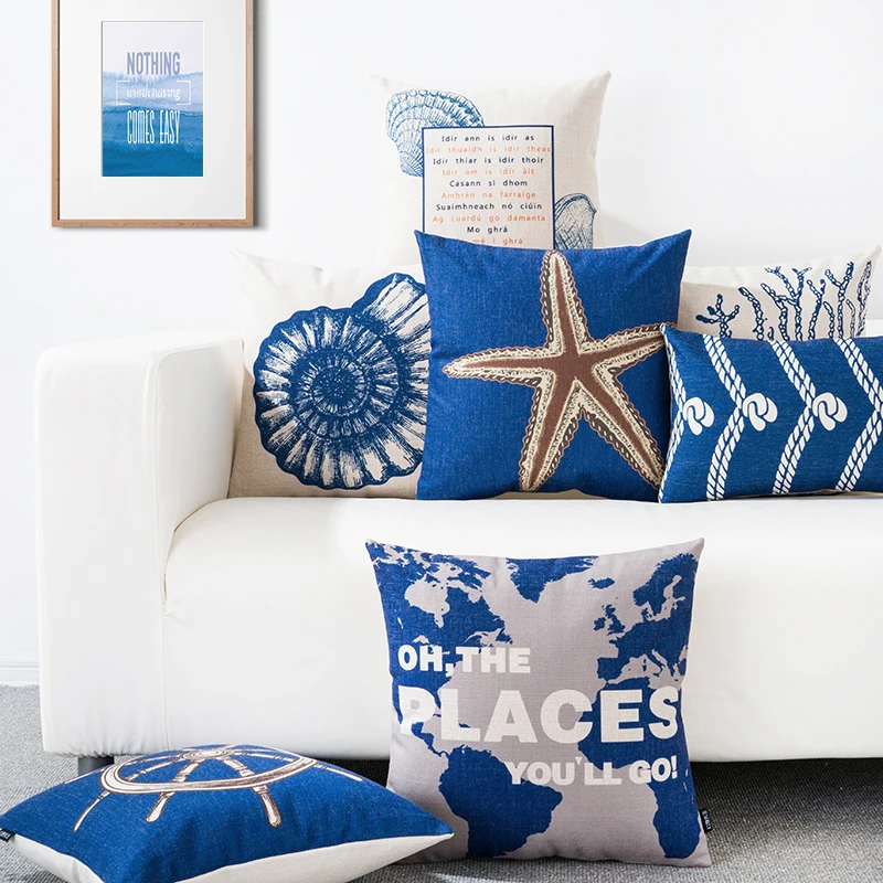 Льняная подушка крышка средиземноморские синие Классический Простой шаблон