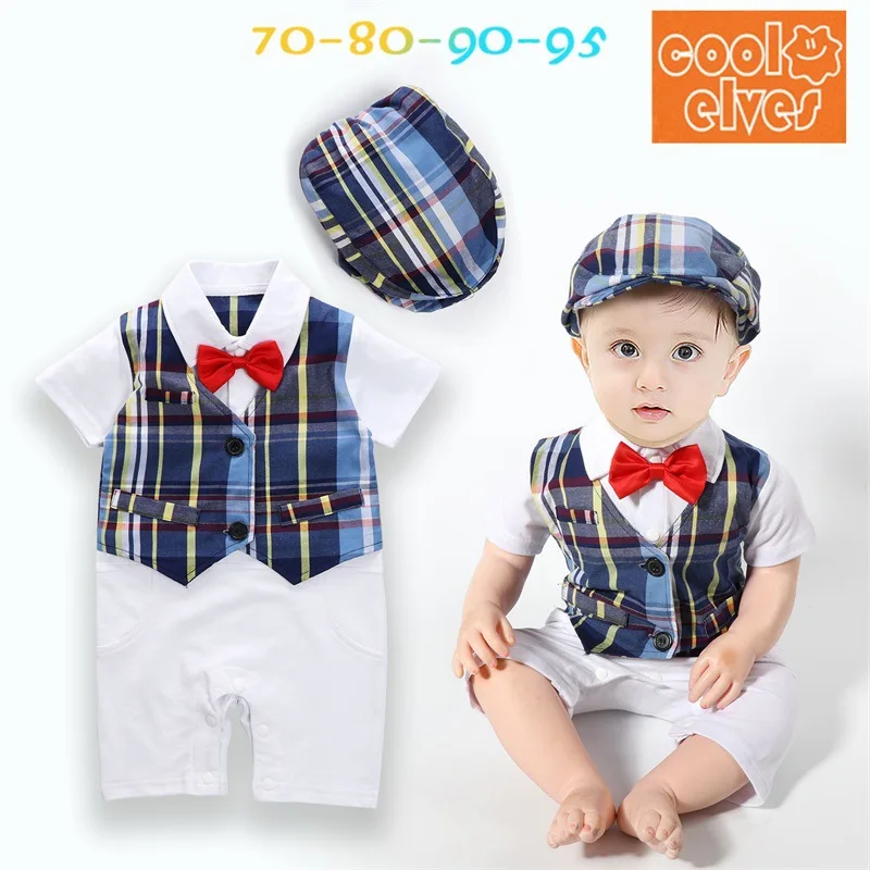 Baby boy Gentlemen Romper+Hat Newborn Wedding Plaid Infantile Bow Tie Jumpsuit Summer Suit Casual Clothes Custume |