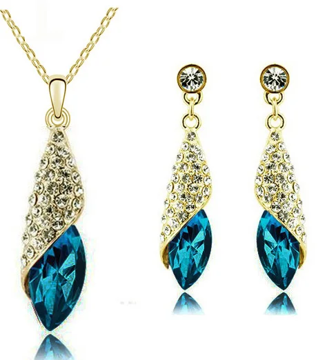 gold crystalblue Ожерелье с подвеской из австрийского кристалла, серьги, Модный Ювелирный Набор, модный подарок,, Прямая поставка, акция, скидка, качество - Окраска металла: gold crystalblue