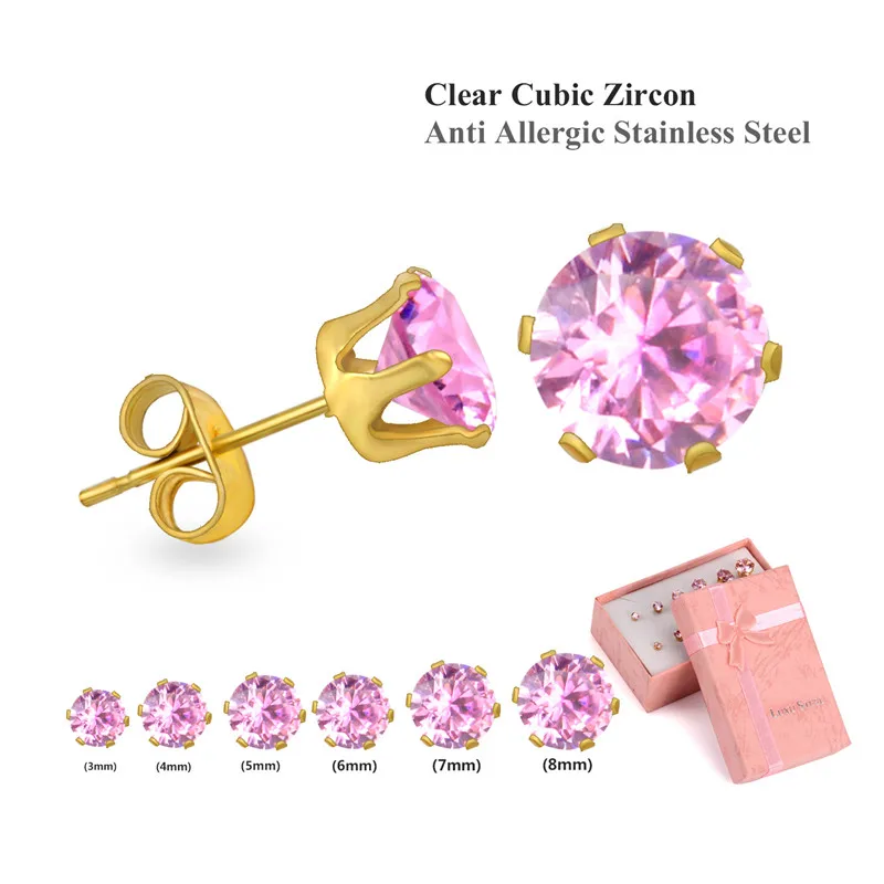 pink gold Роскошные круглые/квадратные серьги из кубического циркония, 6 пар/кор., набор из разноцветных камней по месяцу рождения, серьги-гвоздики с эффектом пуш-ап, бижутерия, серьги - Окраска металла: pink gold